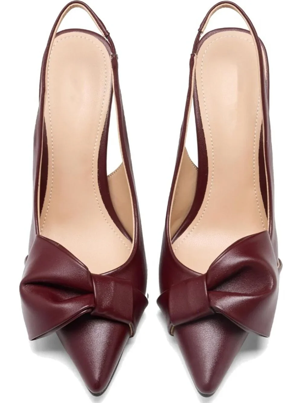 Women's Pu Wine Red Slingback Heels with Bow Pointed Toe Pumps Dress Shoes